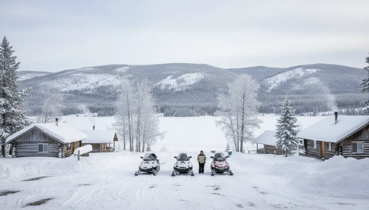 Lakeside cabins with snowmobiles parked near a staging area in the South Cariboo Lakeside cabins with snowmobiles parked near a staging area in the South Cariboo
