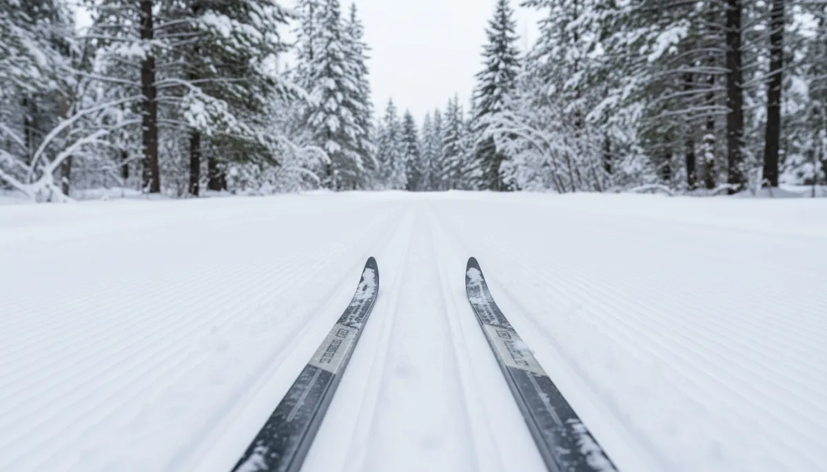 Cross-country skis on a groomed classic track in the South Cariboo Cross-country skis on a groomed classic track in the South Cariboo