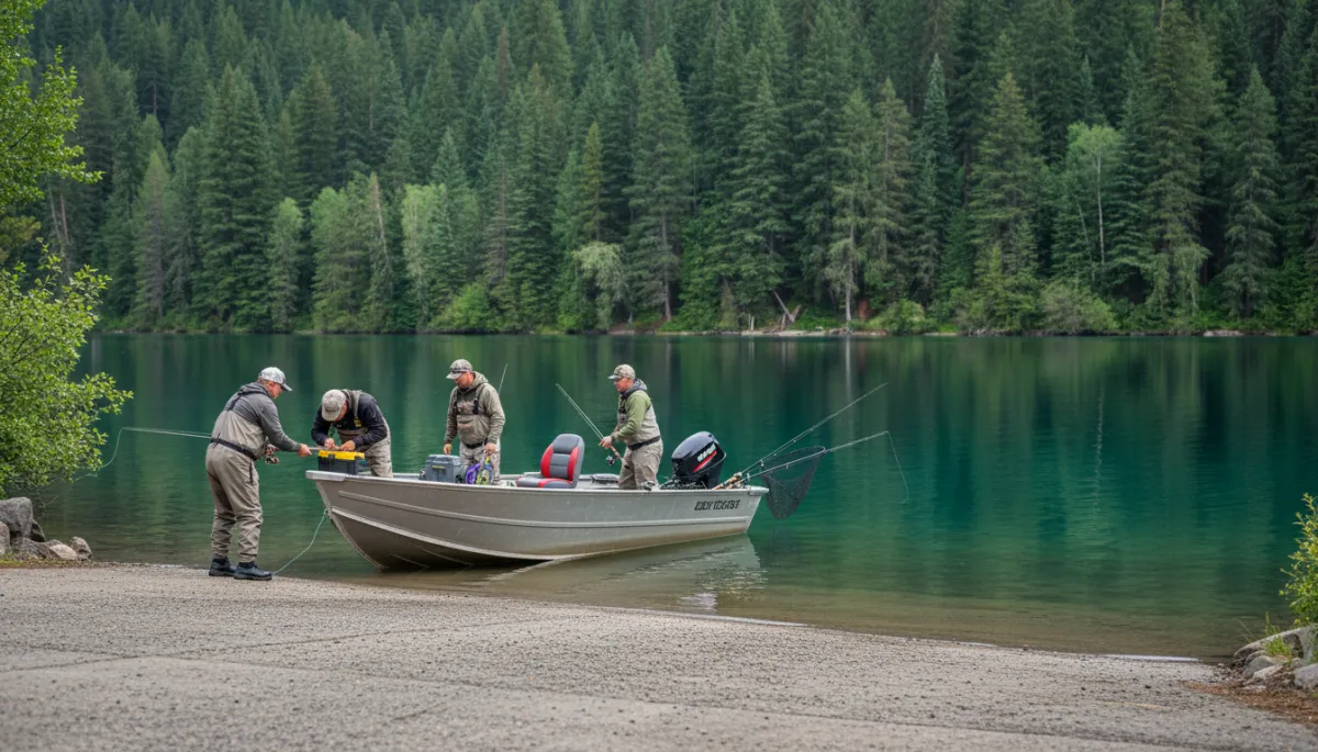 Anglers preparing to launch a fishing boat at Green Lake Anglers preparing to launch a fishing boat at Green Lake