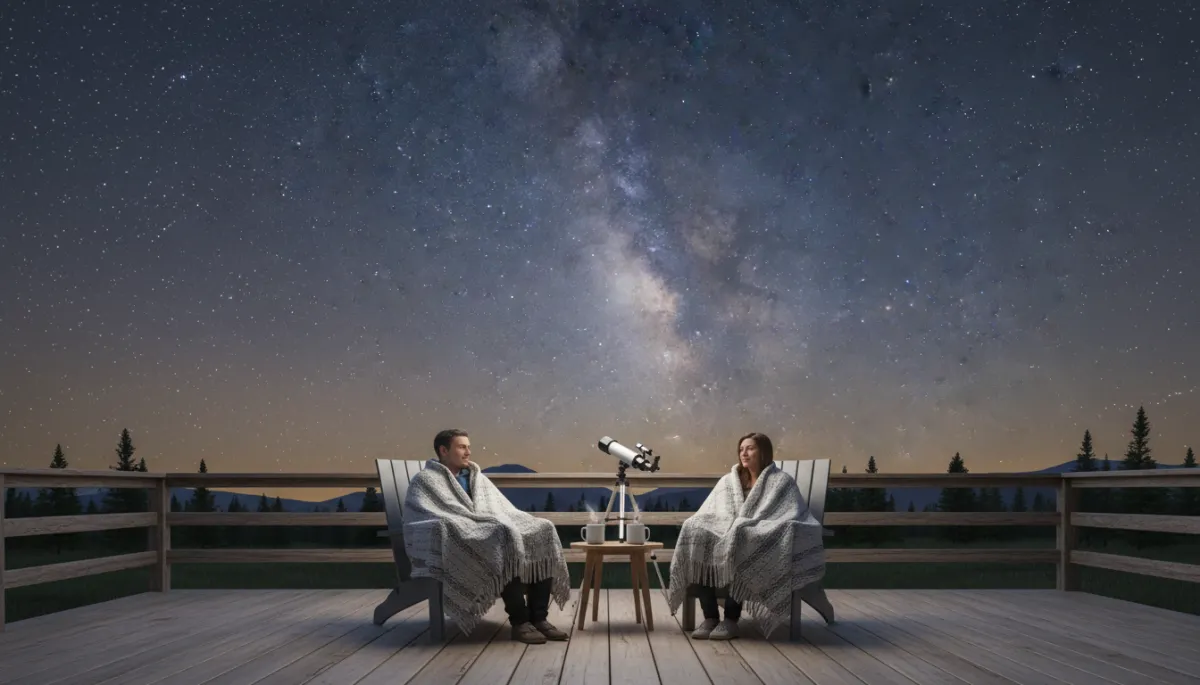 Couple stargazing from the deck of a rural Cariboo home at night
