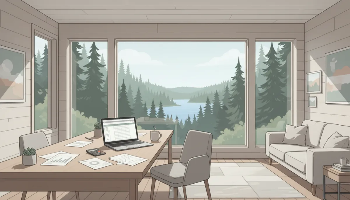Professional photo of a Canadian cabin interior with tax paperwork on table Professional photo of a Canadian cabin interior with tax paperwork on table