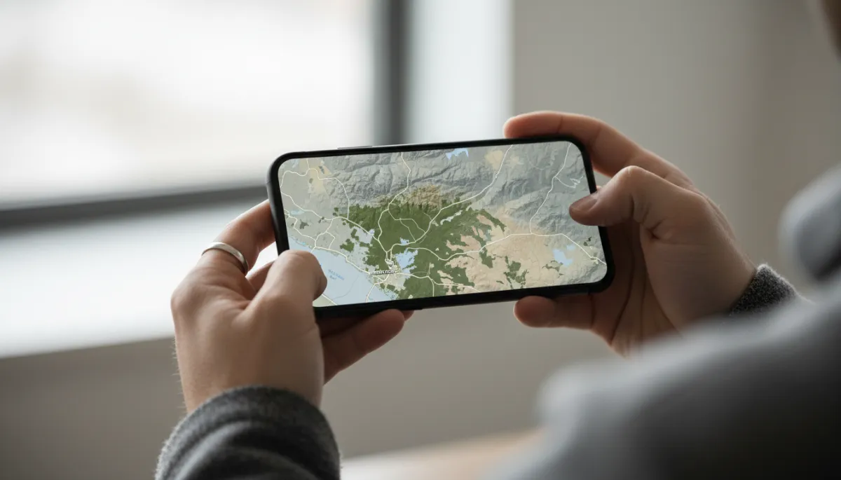 Person checking a carrier coverage map for 100 Mile House and nearby lakes on a smartphone