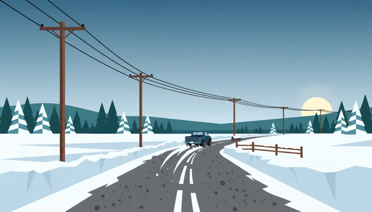 Gravel country road with winter plowing and utility lines near Bridge Lake Gravel country road with winter plowing and utility lines near Bridge Lake