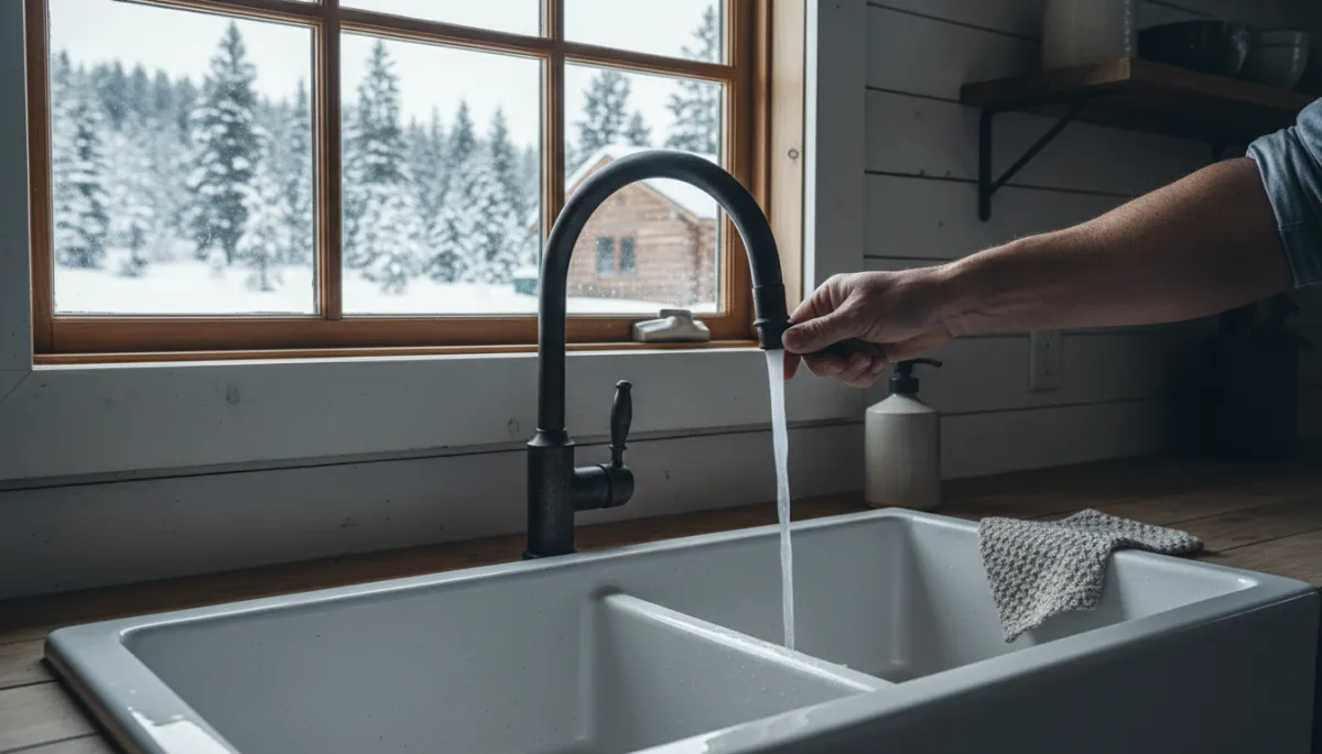 Rustic cabin kitchen faucet with snow-covered landscape outside the window