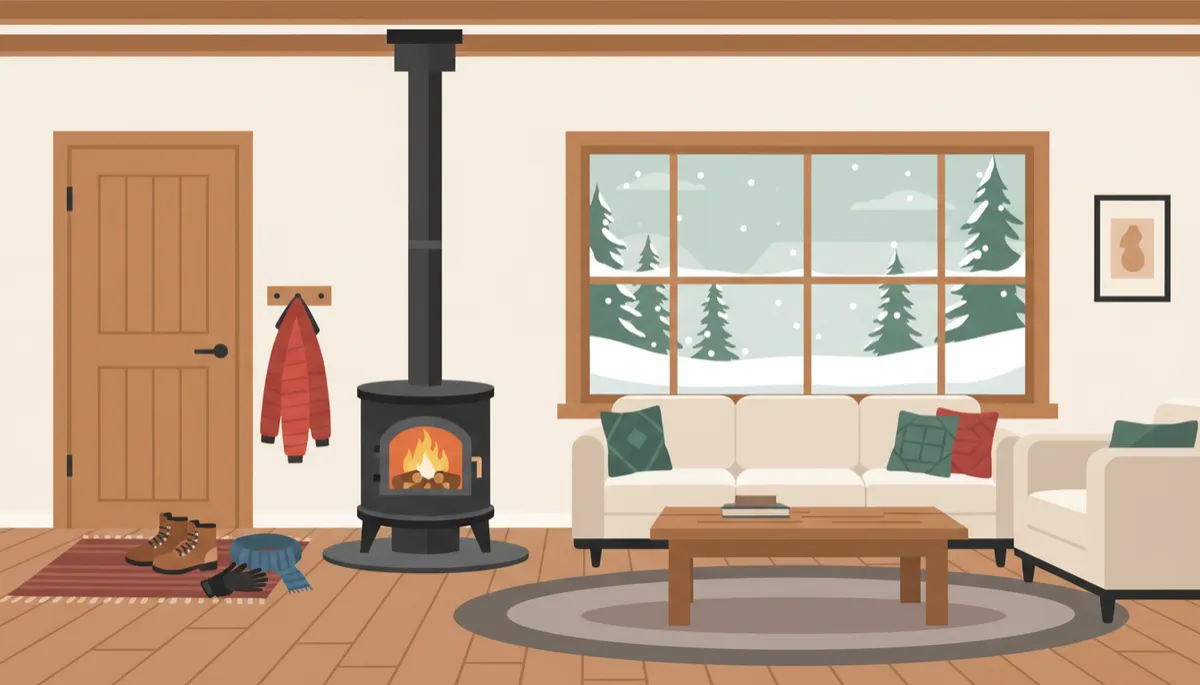 Warm farmhouse interior in winter with wood stove and snow outside Warm farmhouse interior in winter with wood stove and snow outside
