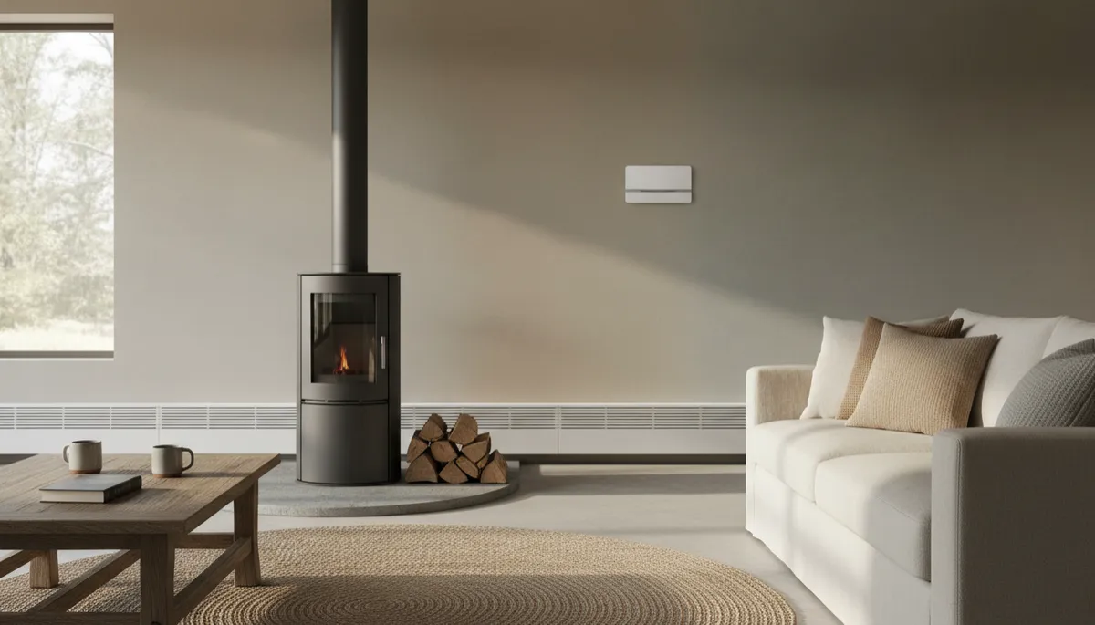 Living room in a rural home showing wood stove, baseboard, and heat pump unit Living room in a rural home showing wood stove, baseboard, and heat pump unit