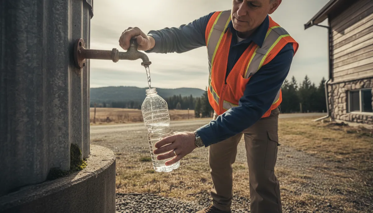 Inspector collecting a water sample from a rural BC well for lab testing