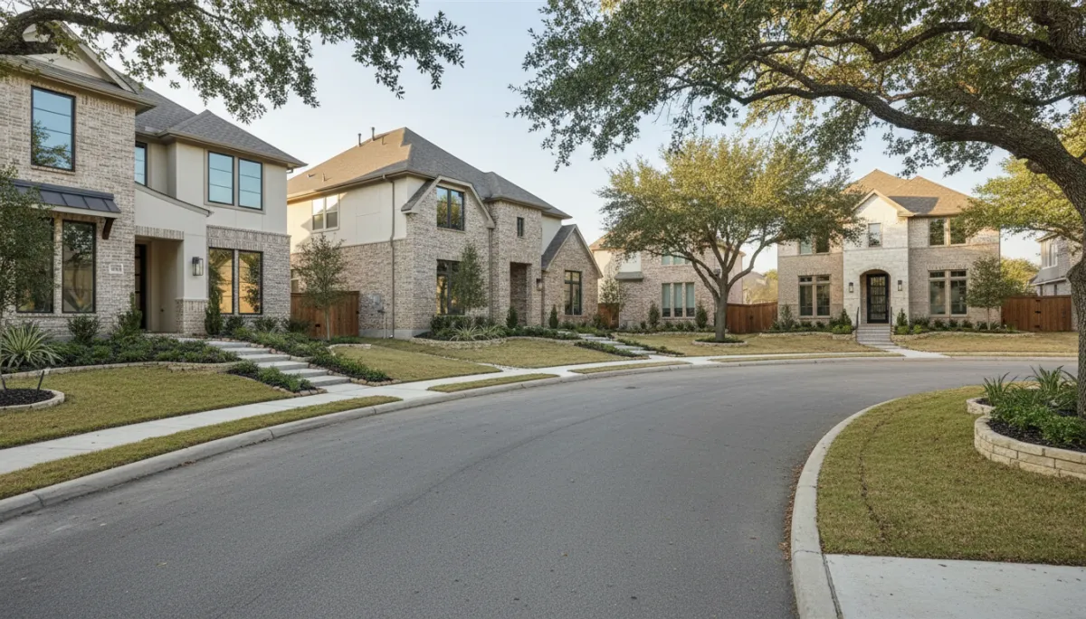 Modern and clean view of new construction luxury-style homes in a Houston suburb with warm neutral exteriors