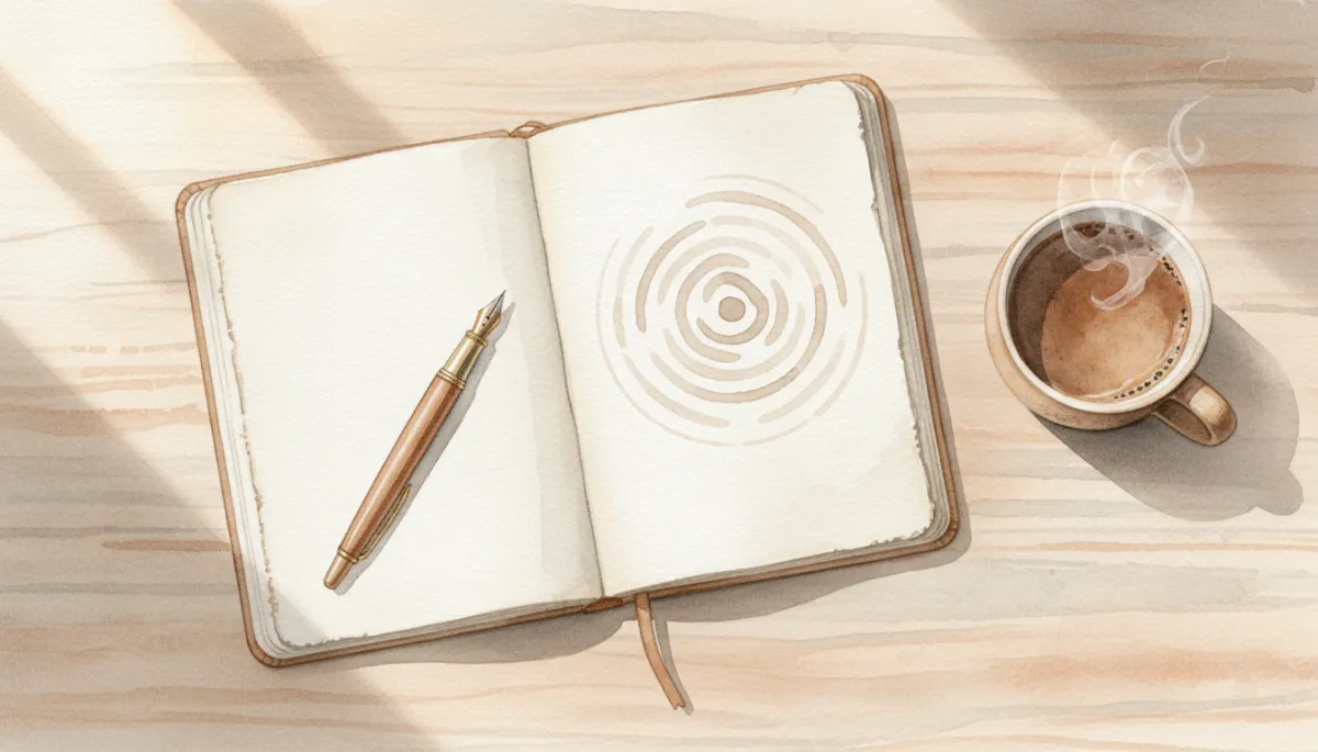 Neutral-toned desk with journal and coffee representing reflection and expanding impact Neutral-toned desk with journal and coffee representing reflection and expanding impact