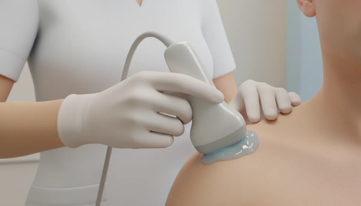 Physiotherapist providing ultrasound treatment to a patient’s shoulder Physiotherapist providing ultrasound treatment to a patient’s shoulder