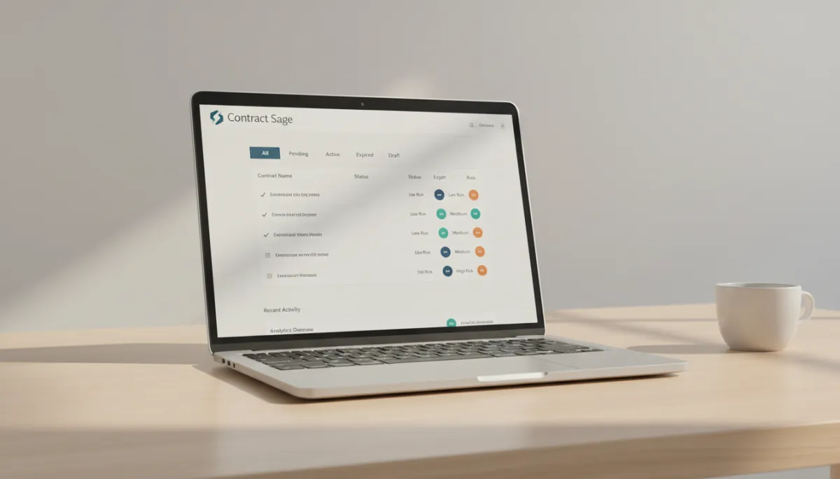 Laptop showing Contract Sage dashboard with centralized contracts and risk indicators