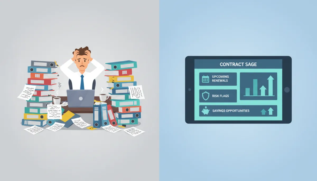 Comparison of manual contract tracking versus AI-powered dashboard highlighting risks and renewals