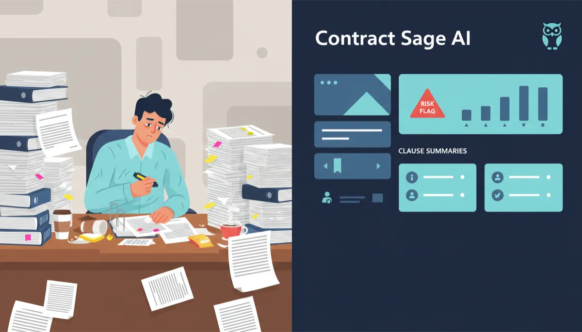 Comparison of manual contract review with paper documents versus an AI dashboard summarizing contract risks