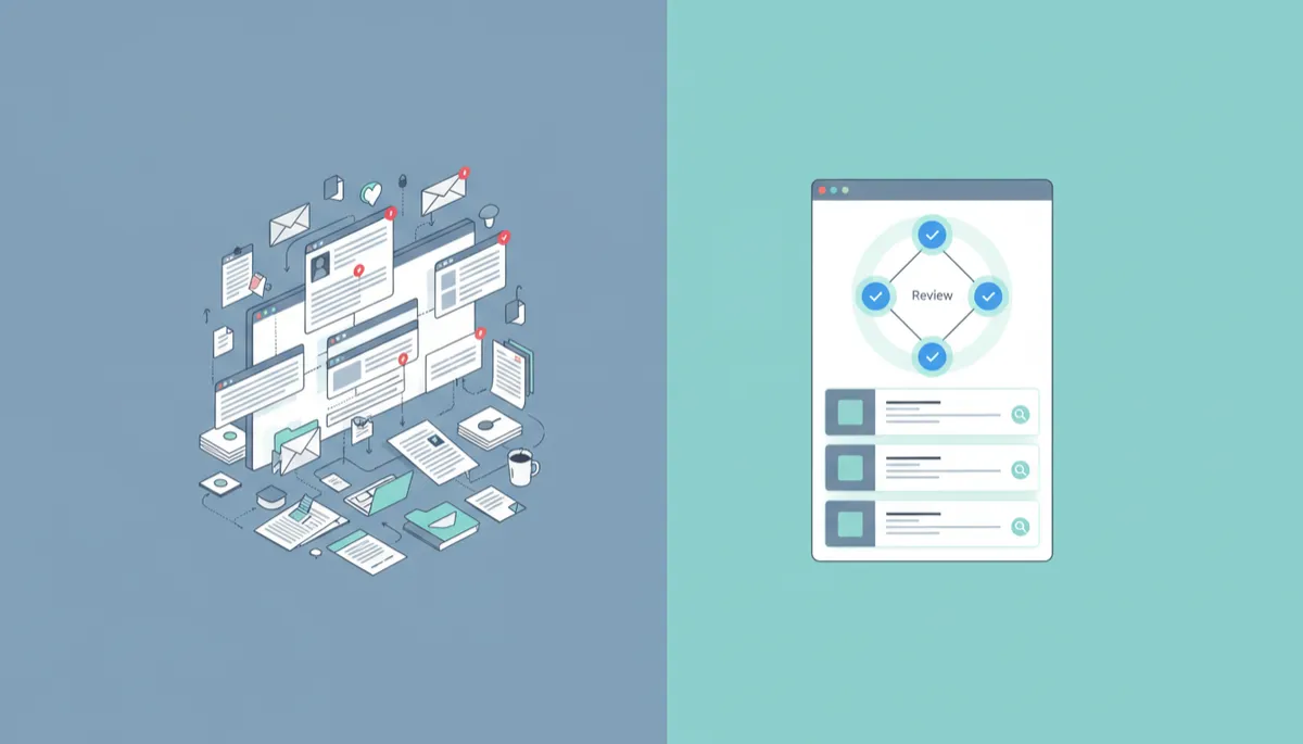 Comparison between chaotic manual contract management and a clear centralized contract dashboard Comparison between chaotic manual contract management and a clear centralized contract dashboard