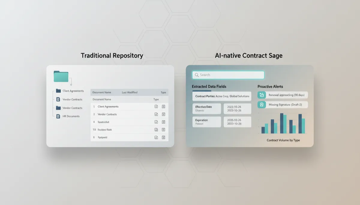 Comparison of legacy contract repository versus AI-native Contract Sage interface