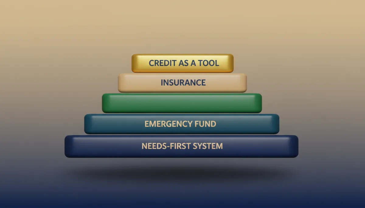 Layered financial security stack showing needs, emergency fund, insurance, and credit