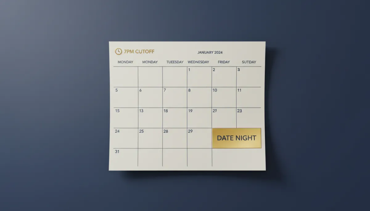 A weekly calendar with a protected date night and a 7pm work cutoff highlighted A weekly calendar with a protected date night and a 7pm work cutoff highlighted