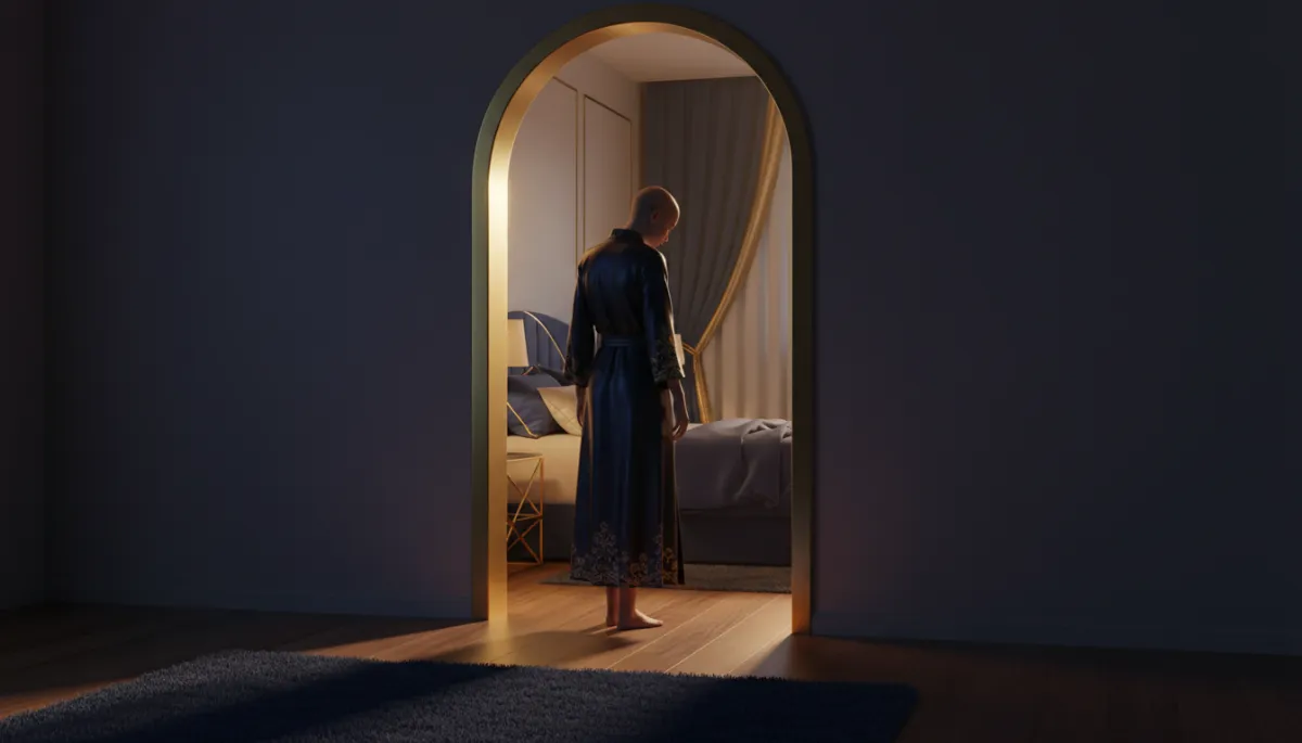 A figure pausing in a lit doorway at night, a quiet turning point A figure pausing in a lit doorway at night, a quiet turning point