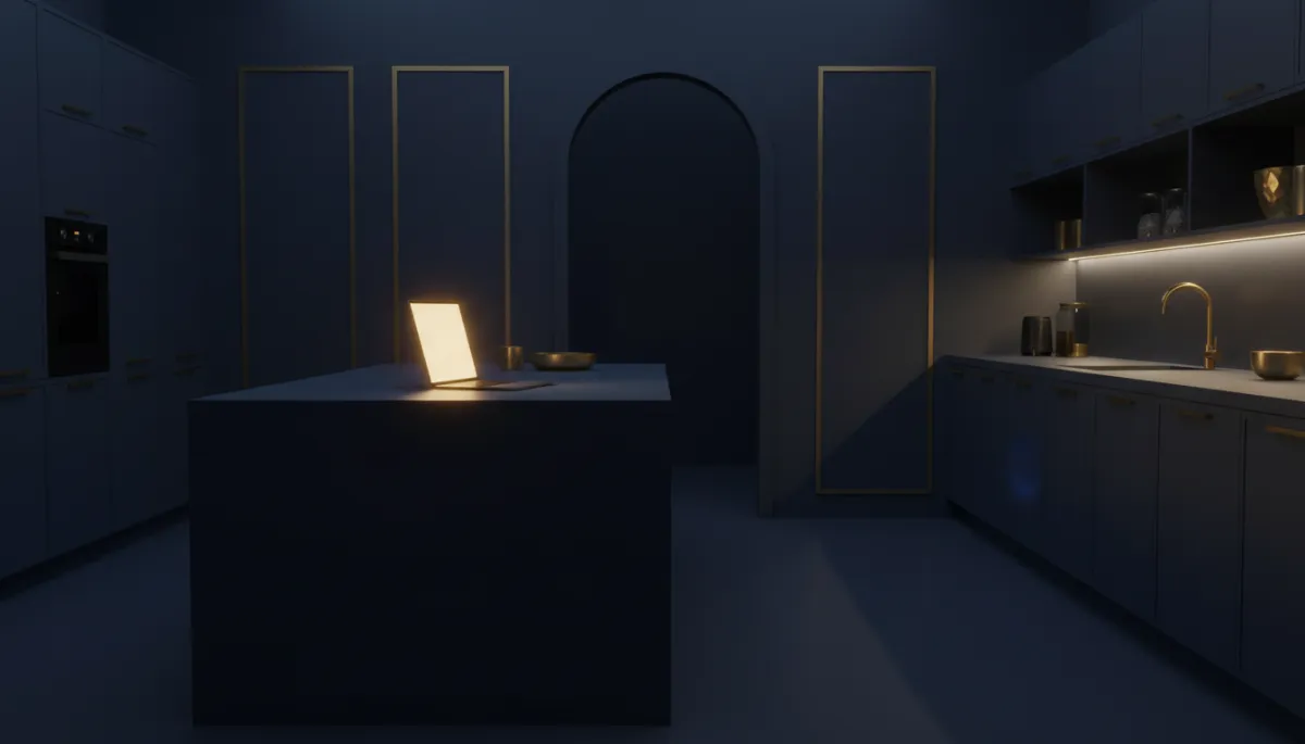 professional, photorealistic scene of a dimly lit kitchen at night in navy and gold tones, a single laptop glowing on the table, an empty doorway in soft focus behind it, mood quiet and a little melancholy but not bleak professional, photorealistic scene of a dimly lit kitchen at night in navy and gold tones, a single laptop glowing on the table, an empty doorway in soft focus behind it, mood quiet and a little melancholy but not bleak