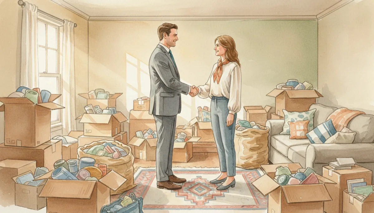 Investor and homeowner agreeing on an as-is sale of a cluttered Oklahoma property Investor and homeowner agreeing on an as-is sale of a cluttered Oklahoma property