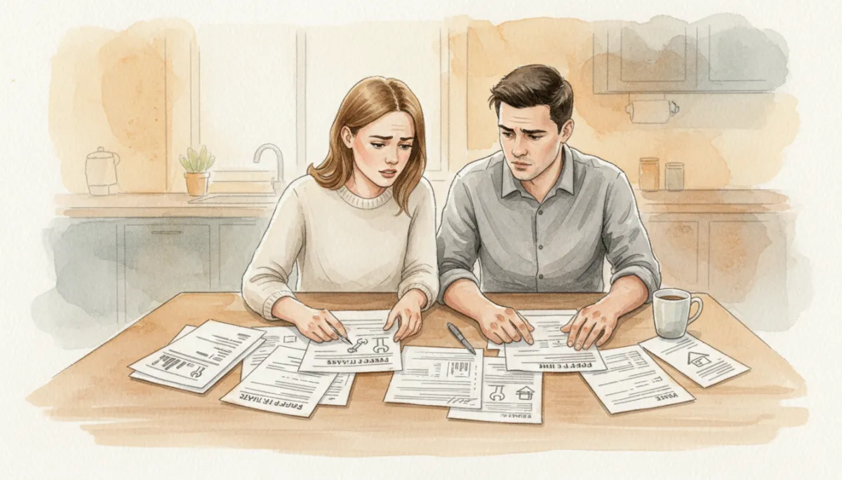 Couple reviewing repair estimates and household bills at their kitchen table