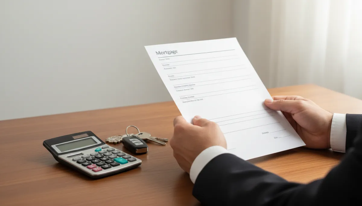 Close-up of inherited property paperwork, mortgage statement, and house keys on a desk