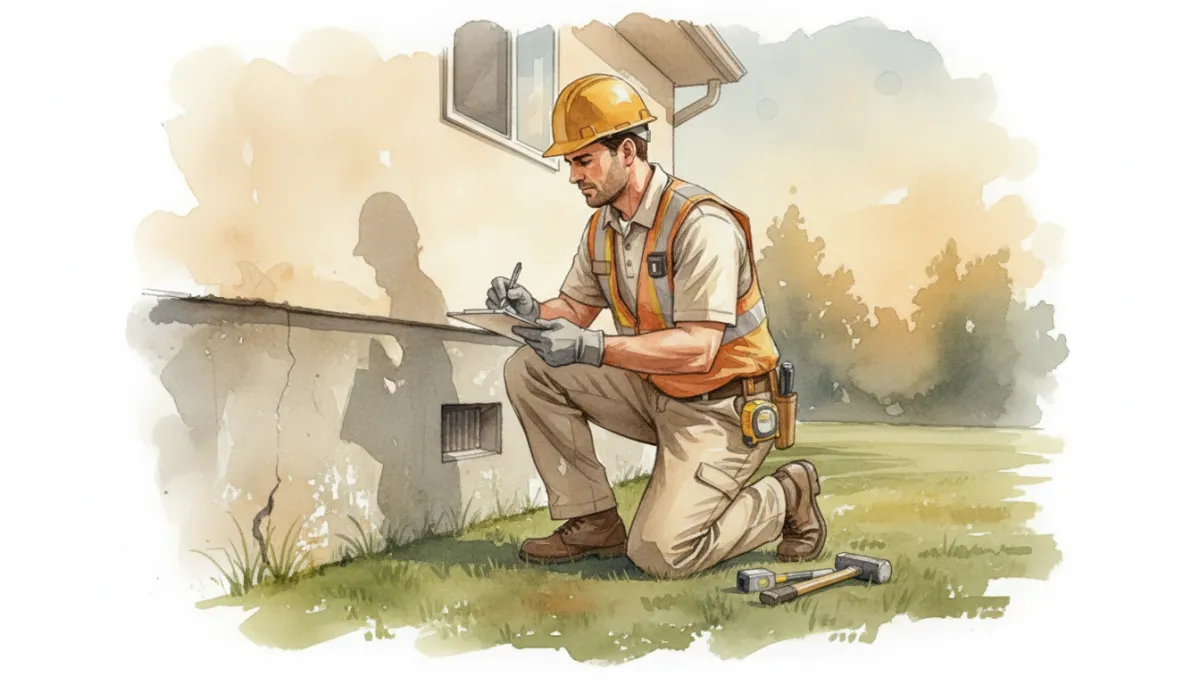 Home inspector examining a home's foundation during a property maintenance check Home inspector examining a home's foundation during a property maintenance check