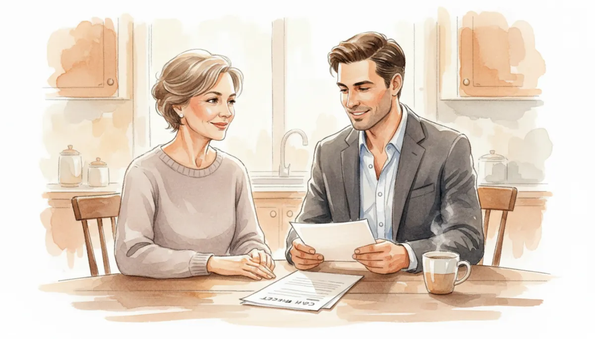 Homeowner reviewing a simple cash offer with a professional buyer Homeowner reviewing a simple cash offer with a professional buyer