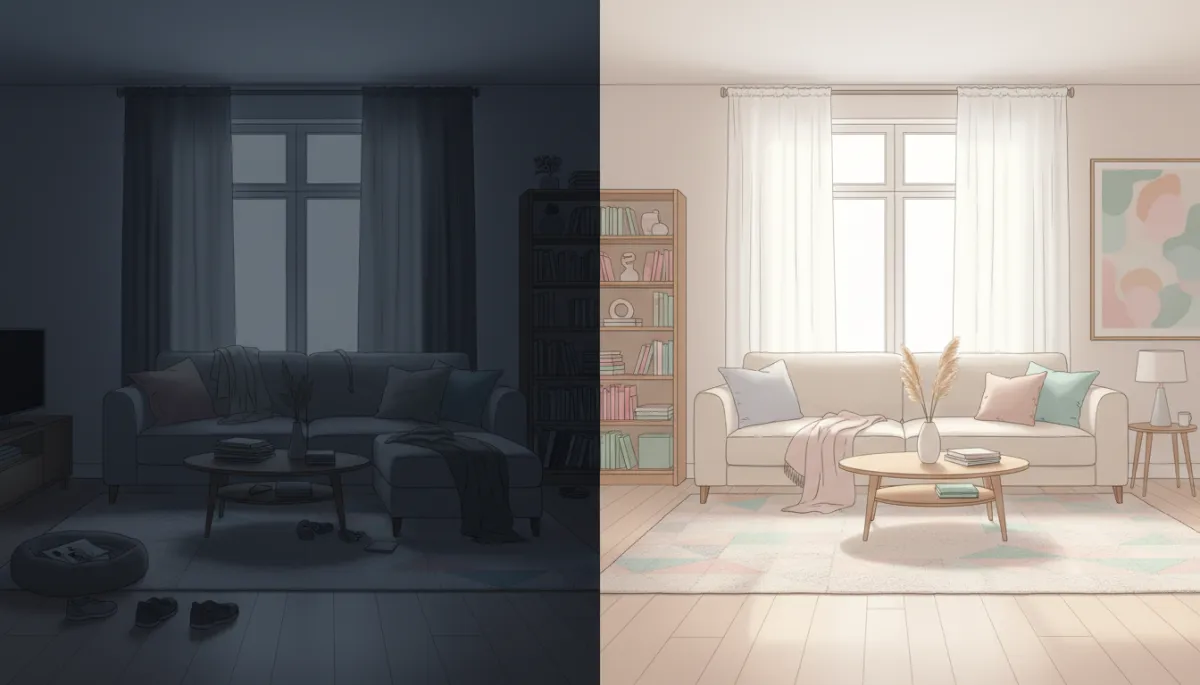 Professional before and after comparison of a staged living room