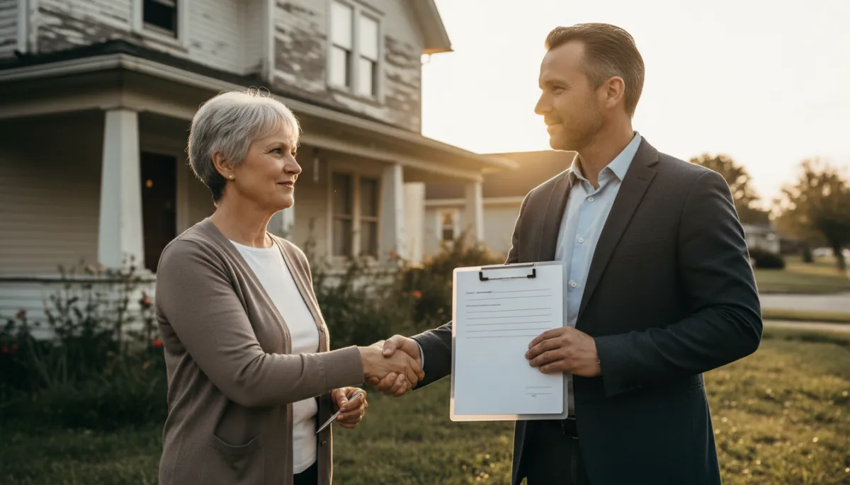 Real estate investor agreeing to purchase a home that needs repairs from a homeowner Real estate investor agreeing to purchase a home that needs repairs from a homeowner
