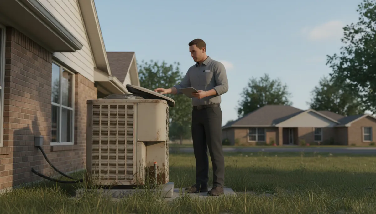 Technician inspecting an older outdoor HVAC unit at an Oklahoma property