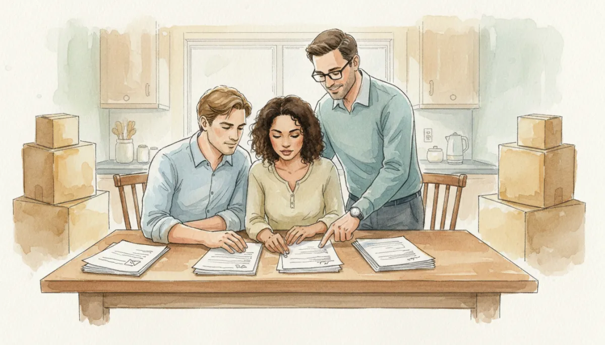 Homeowners reviewing real estate documents while preparing to move for work