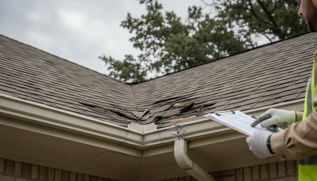 Insurance adjuster inspecting roof storm damage on an Oklahoma home