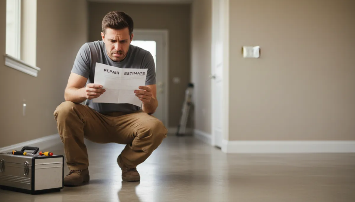 Homeowner reviewing a costly repair estimate beside a toolbox