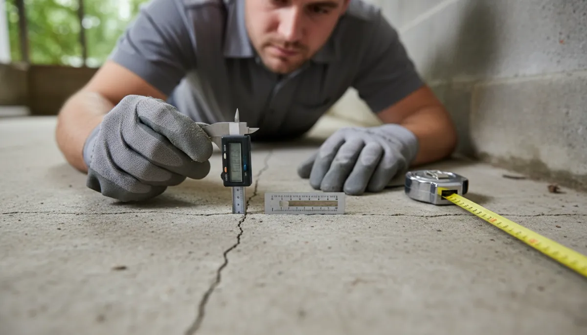Professional inspecting cracks in a concrete home foundation