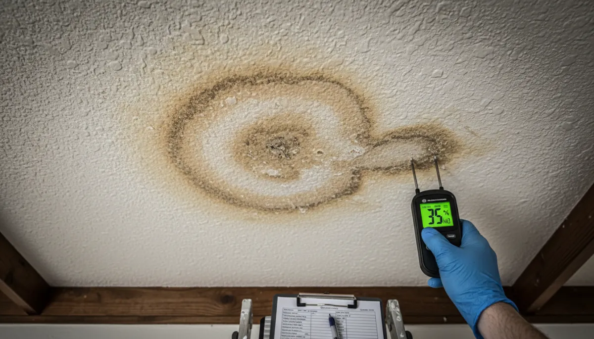 Inspector checking ceiling water damage with a moisture meter in an Oklahoma house