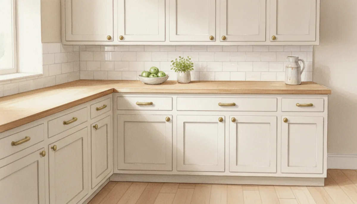 Neutral kitchen with modest pre-sale improvements and light staging