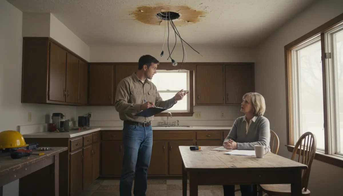 Contractor reviewing repair estimates for an older home with visible damage