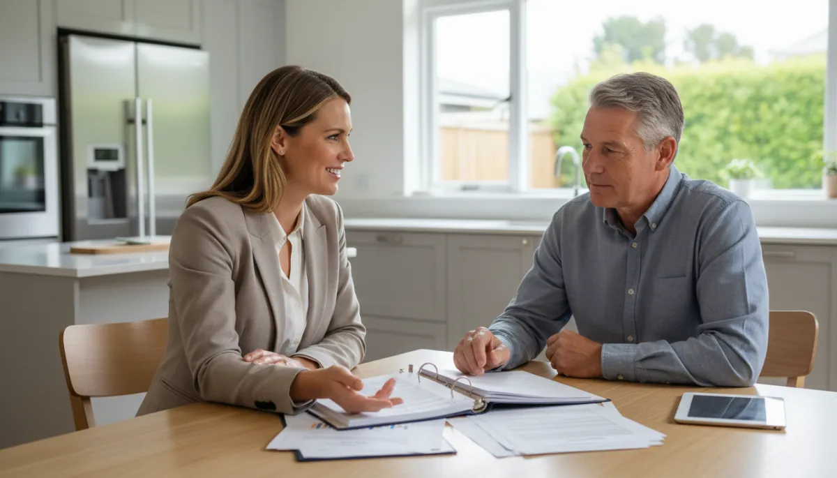Real estate professional discussing options with a homeowner at the kitchen table Real estate professional discussing options with a homeowner at the kitchen table