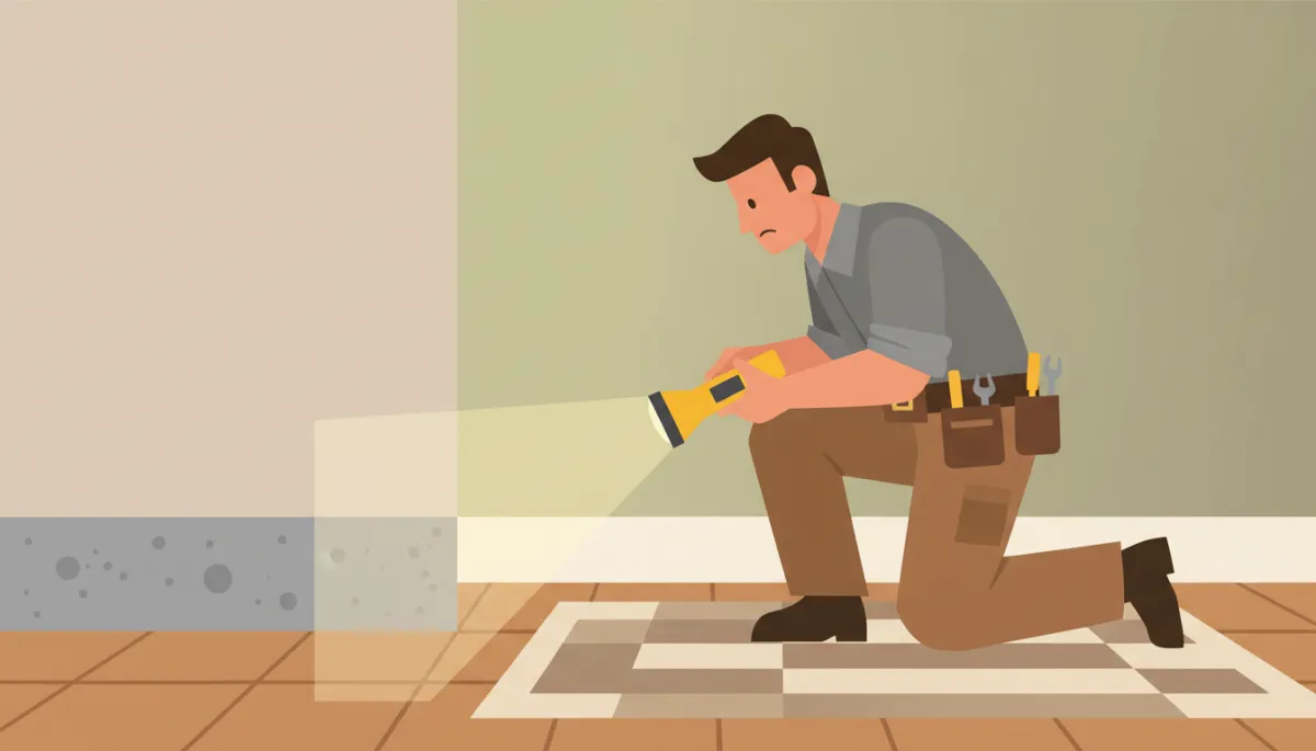 Home inspector checking for signs of termite damage along interior baseboards