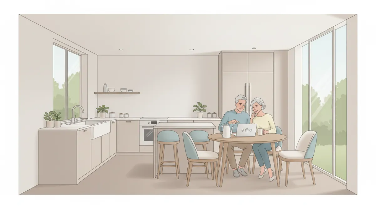 Empty-nest couple reviewing real estate options in a smaller modern home