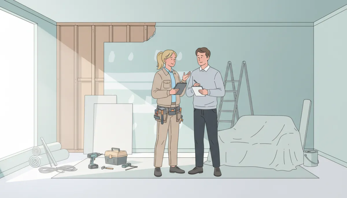 Homeowner discussing repair costs with a contractor in a living room Homeowner discussing repair costs with a contractor in a living room
