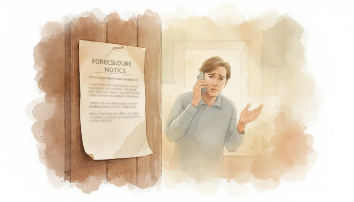 Foreclosure notice posted on a front door while homeowner seeks assistance