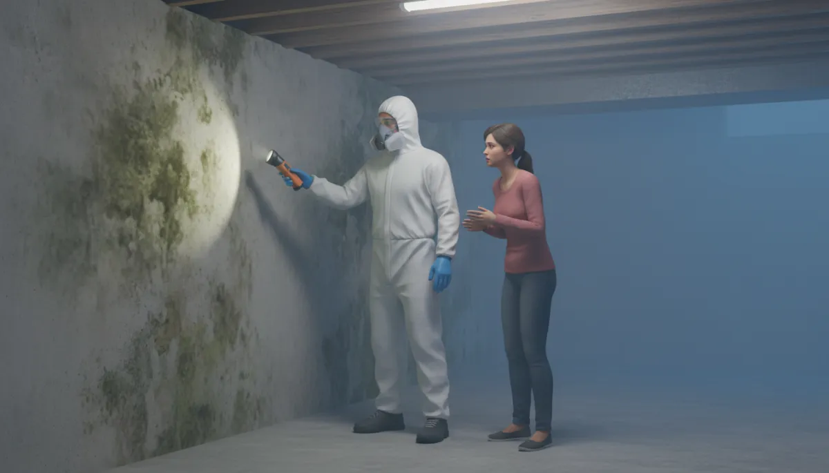Contractor inspecting mold damage in an Oklahoma home basement