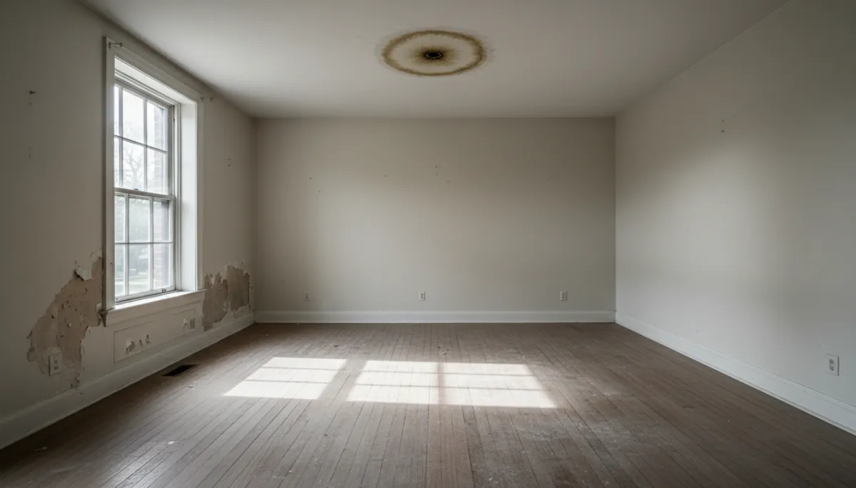Vacant living room showing water damage and interior neglect