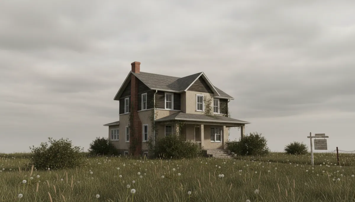A dated home with visible wear and an overgrown yard
