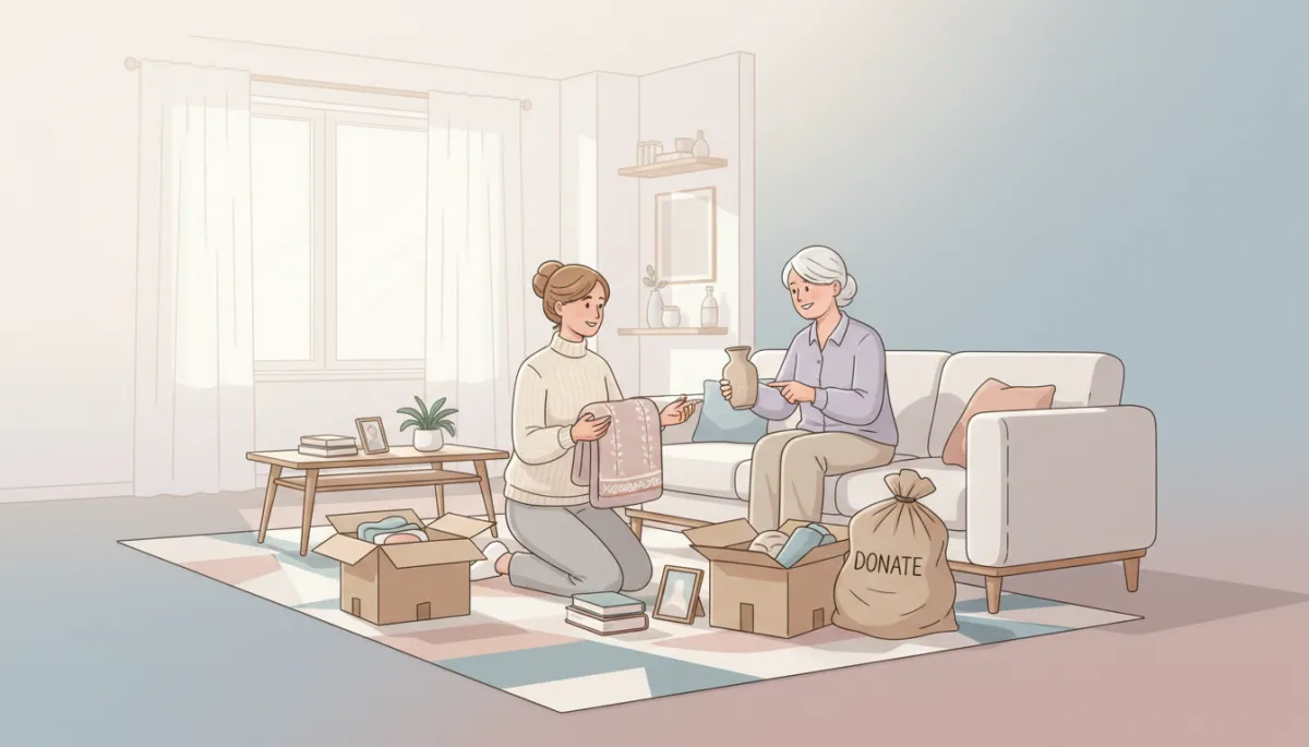Family helping a senior woman sort belongings while downsizing her home