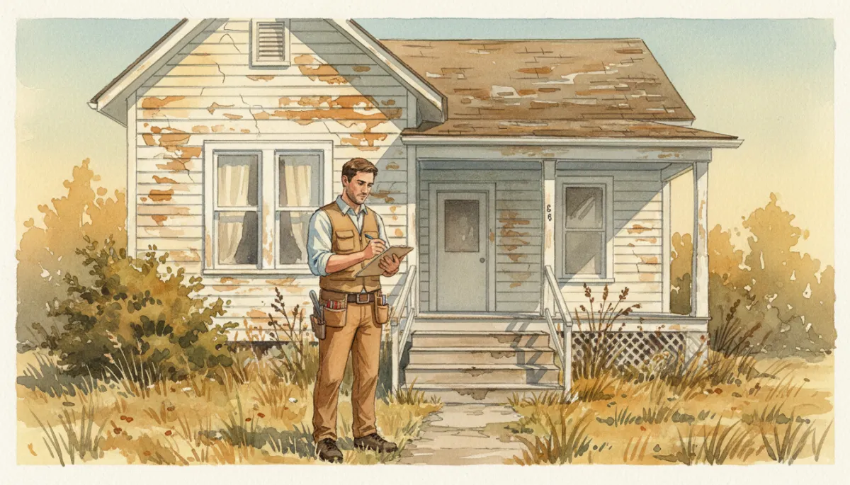 Handyman assessing exterior maintenance issues on an aging home