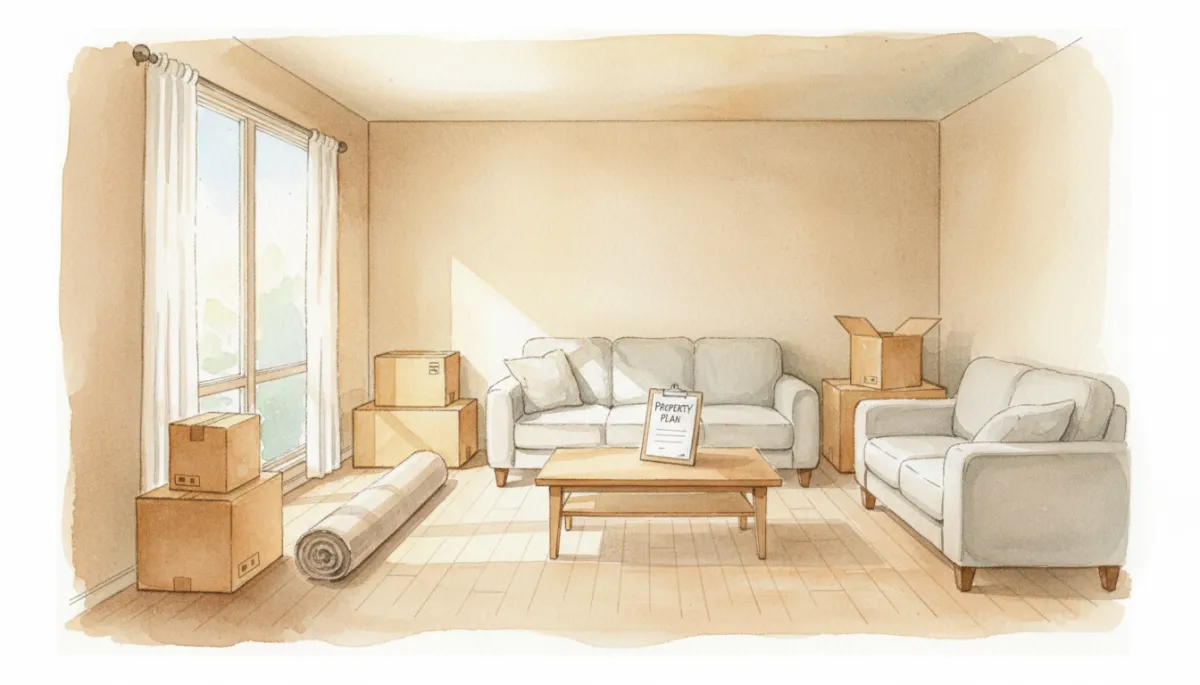 Neatly staged but empty vacation home with moving boxes and planning clipboard Neatly staged but empty vacation home with moving boxes and planning clipboard