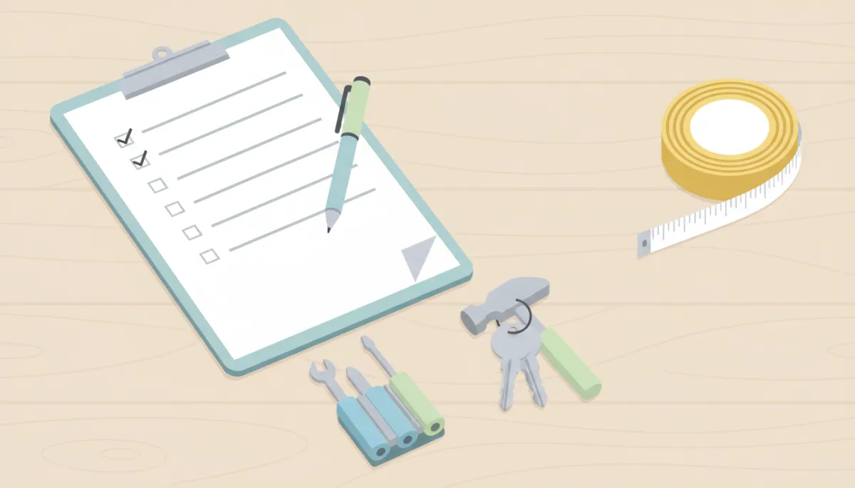 Maintenance checklist and tools prepared for inspecting a rental property